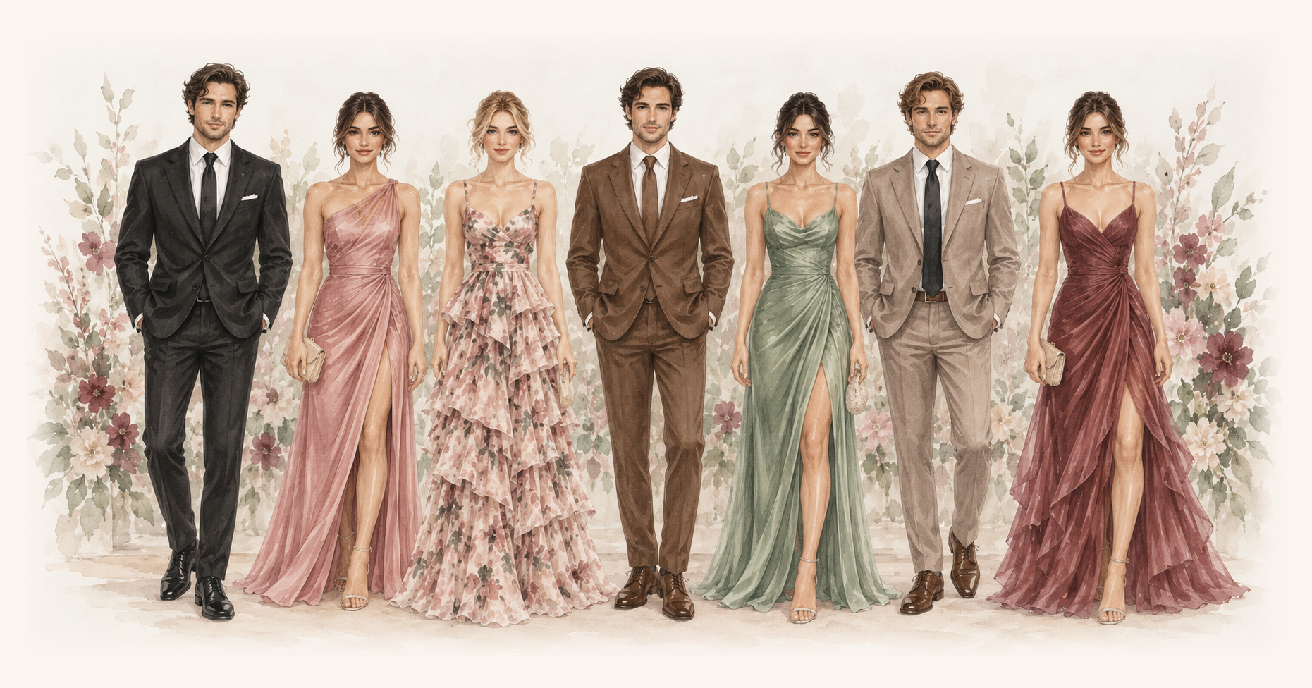 Watercolor illustration of guests in garden formal attire